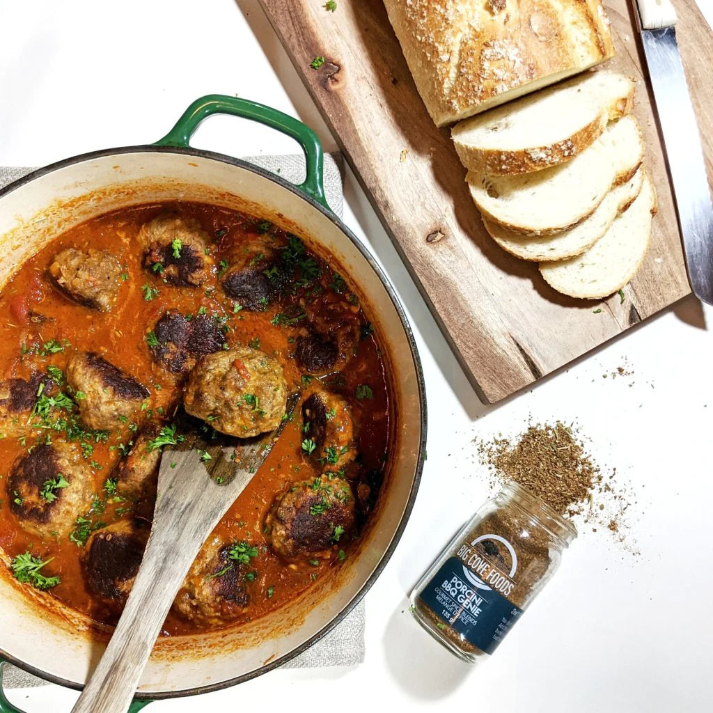 Porcini Genie Meatballs in Tomato Broth Big Cove Foods