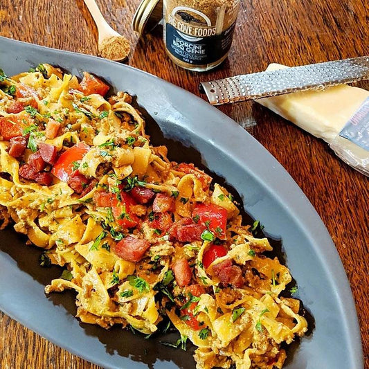 Creamy Porcini Pappardelle with Crispy Pork and Red Pepper